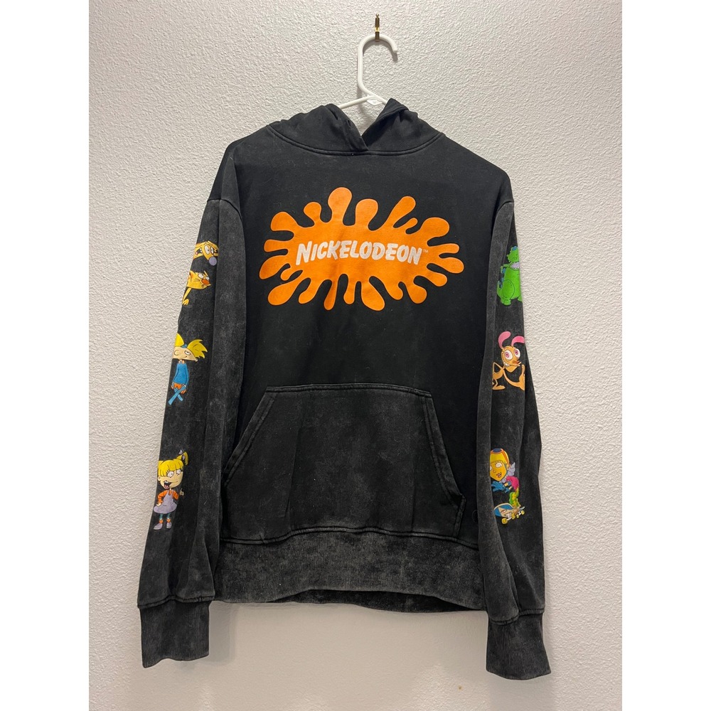 Nickelodeon 90s Cartoons Graphic Hoodie Black Acid Wash Rugrats Hey Arnold Small